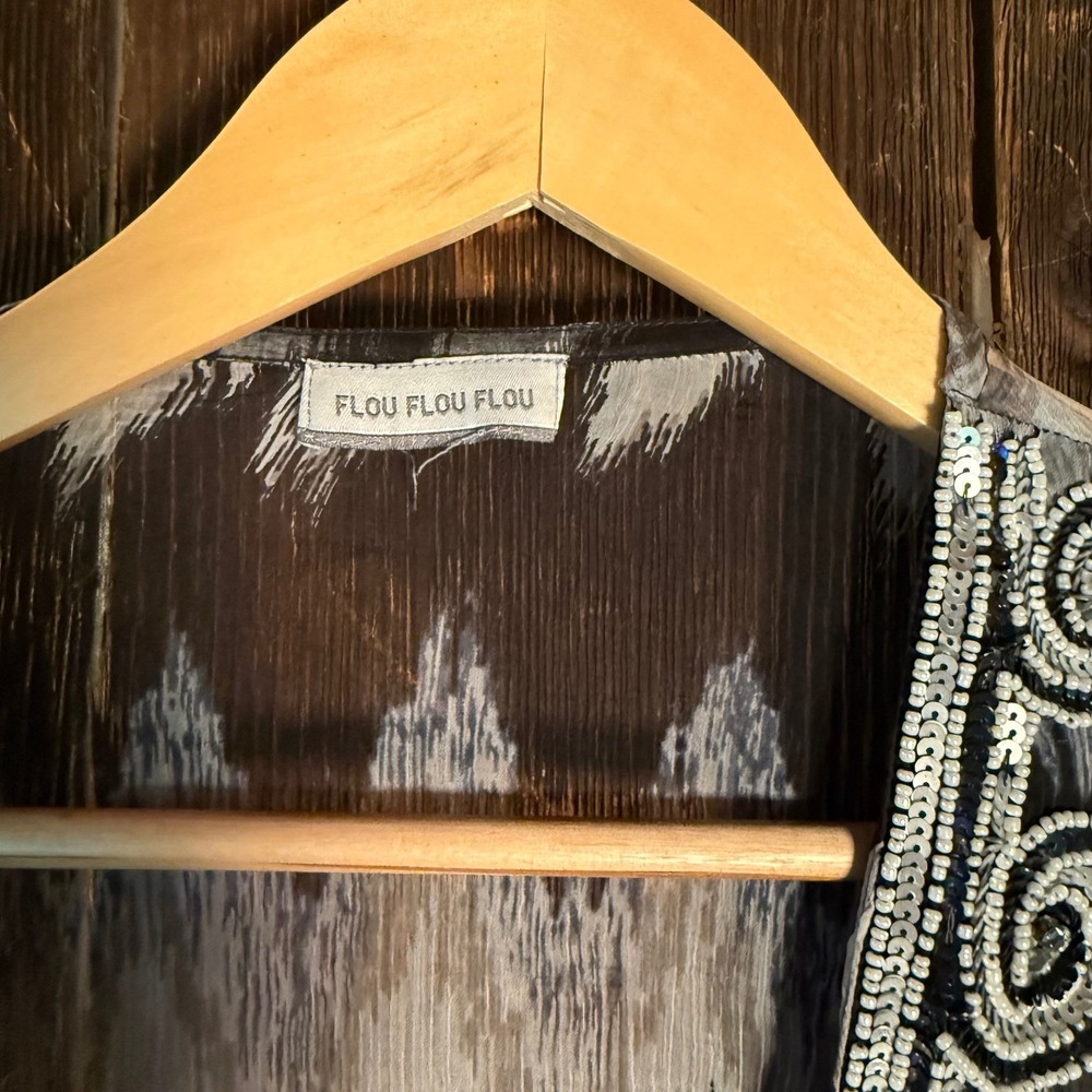 Flou Flou Flou Sequin Beaded Ikat Chevron Sheer V-Neck Bell Sleeve Blouse Top - Picture 3 of 5